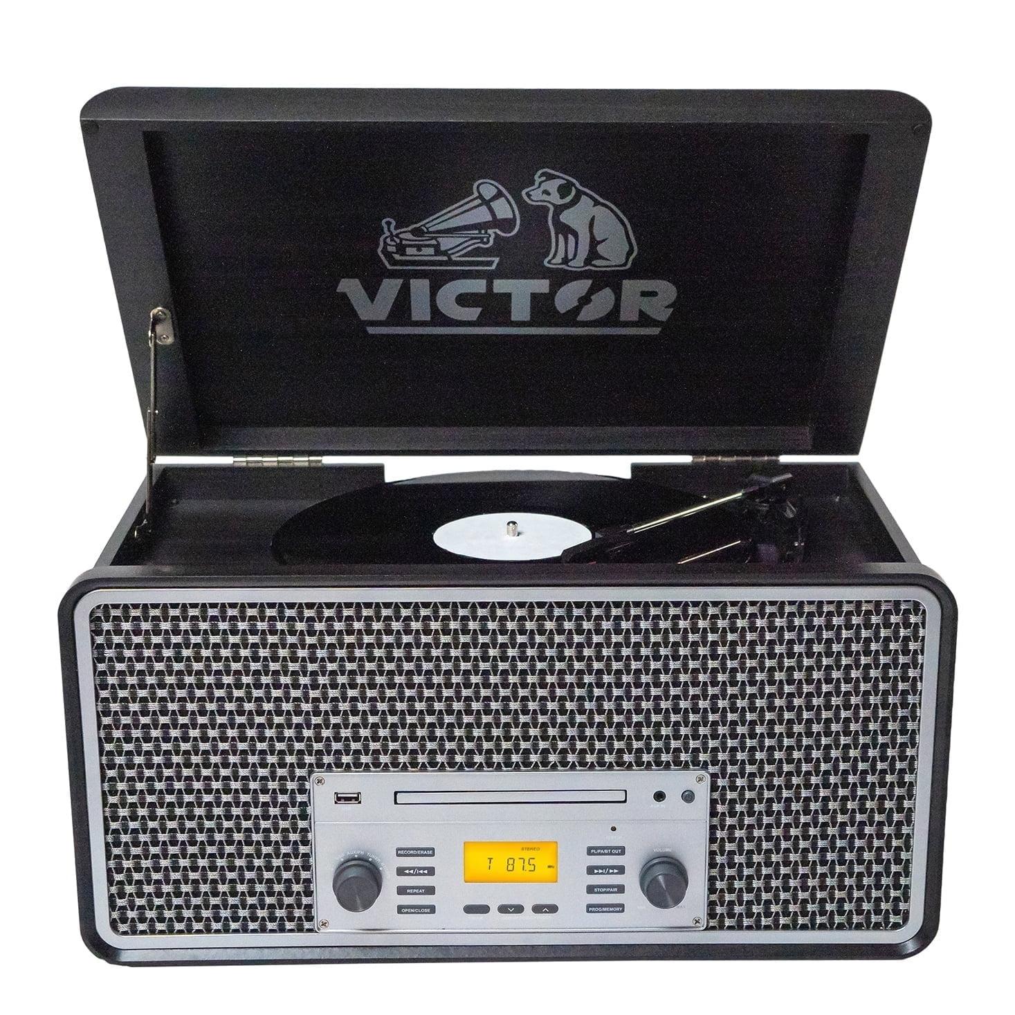 Victor 8-in-1 Wood Music Center with Bluetooth Vinyl Record Player