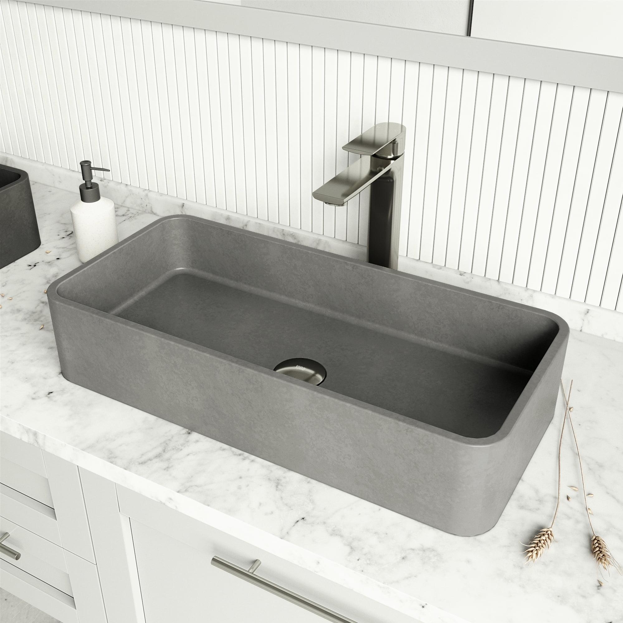 ConcretoStone Rectangular Vessel Bathroom Sink 24" in Gray with Modern Faucet