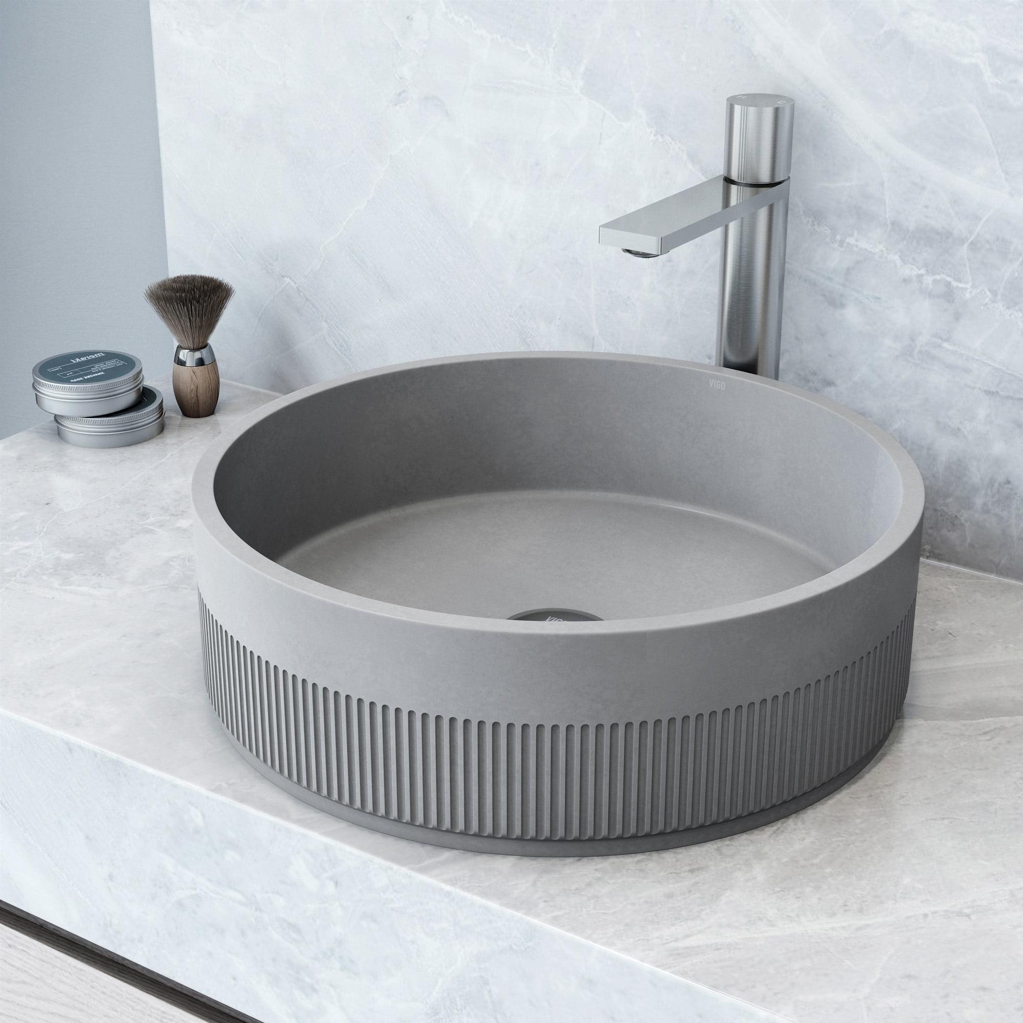 Gray Stone Round Above-Counter Fluted Vessel Sink