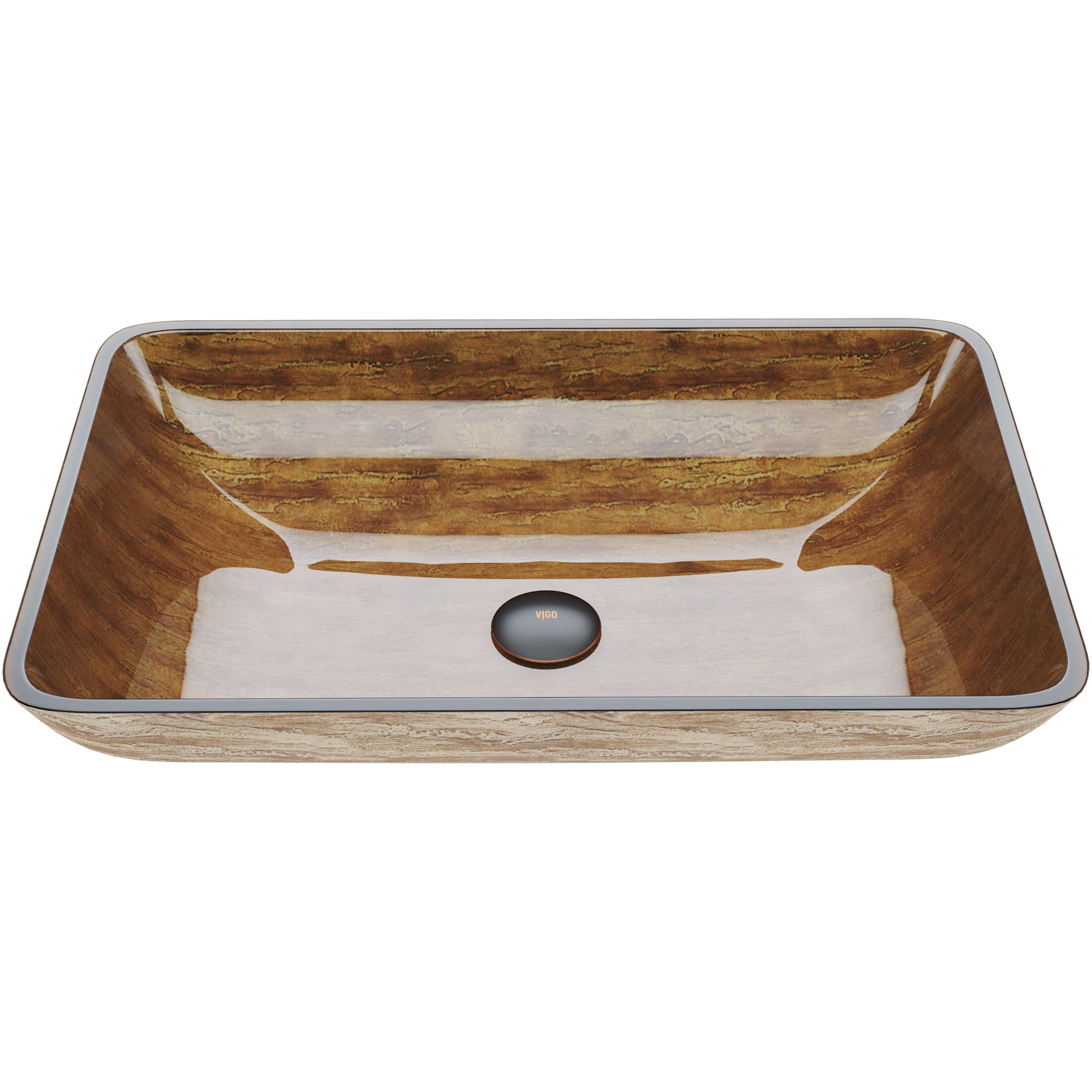 Amber Sunset Glass Rectangular Vessel Sink with Wood Finish