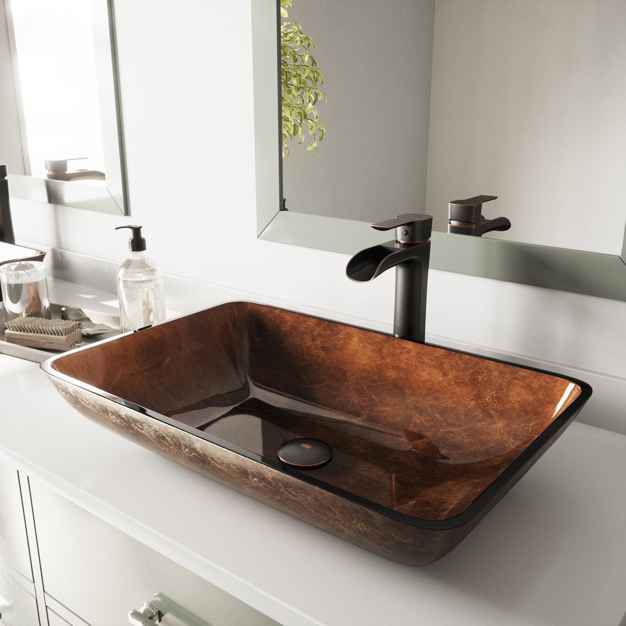 Russet Brown Tempered Glass Vessel Bathroom Sink with Antique Bronze Faucet