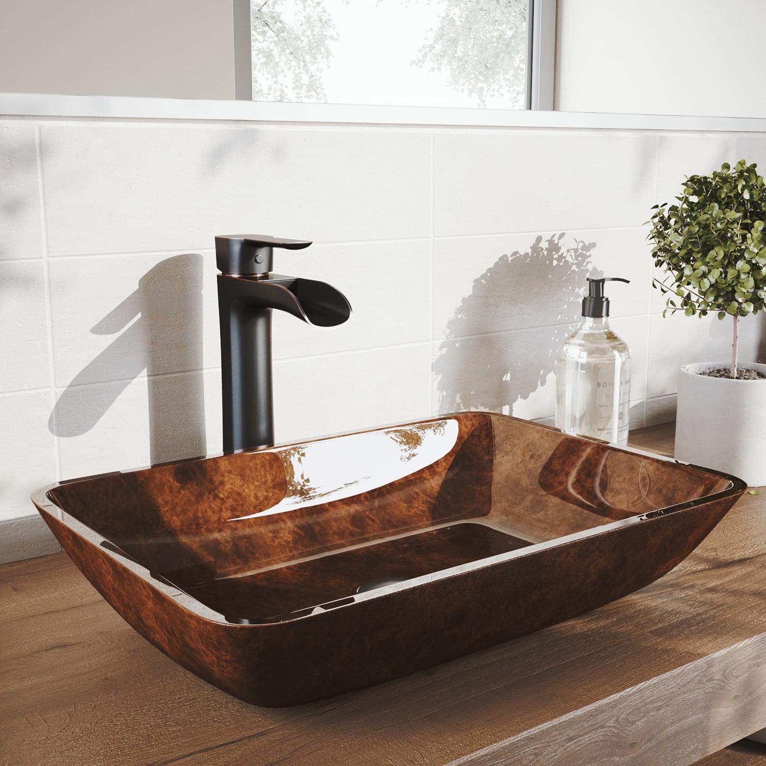 Russet Rectangular Glass Vessel Sink with Antique Bronze Faucet