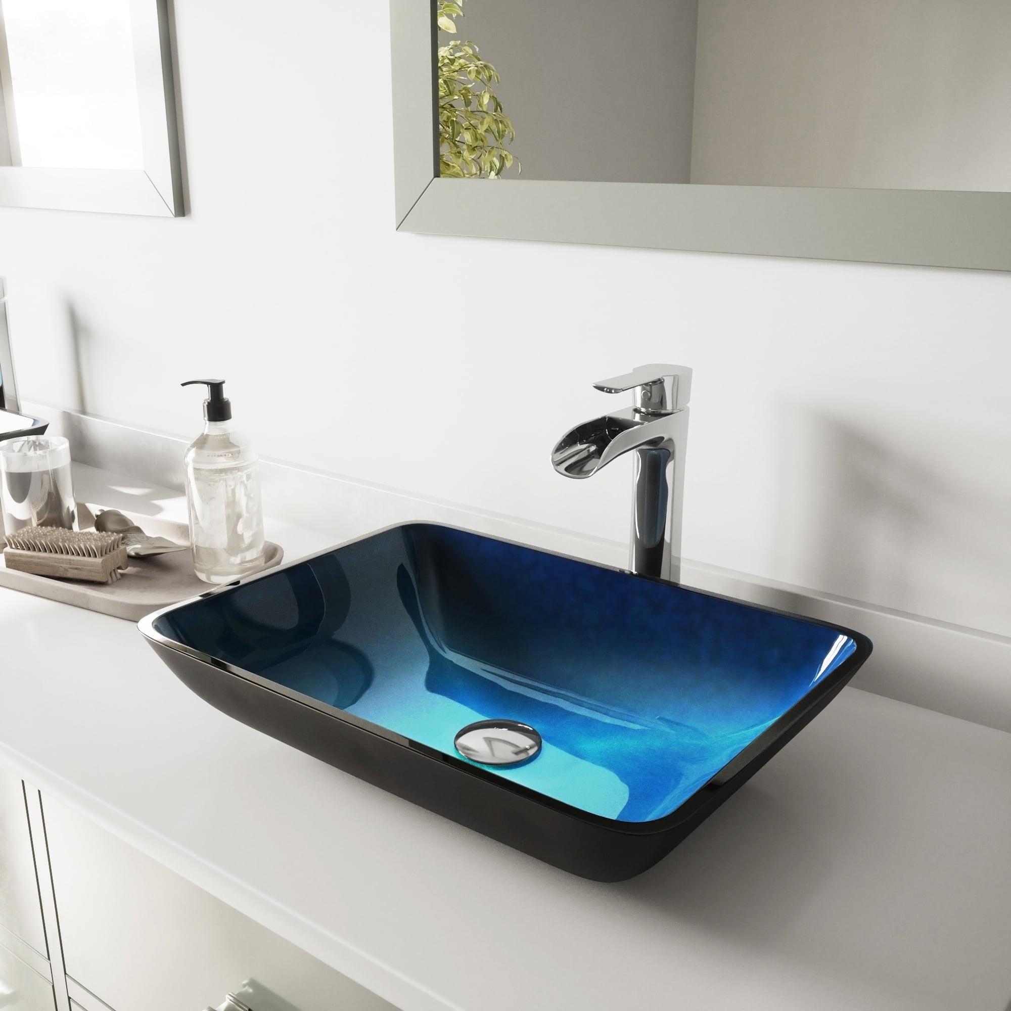 Turquoise Water Glass Rectangular Vessel Bathroom Sink with Faucet