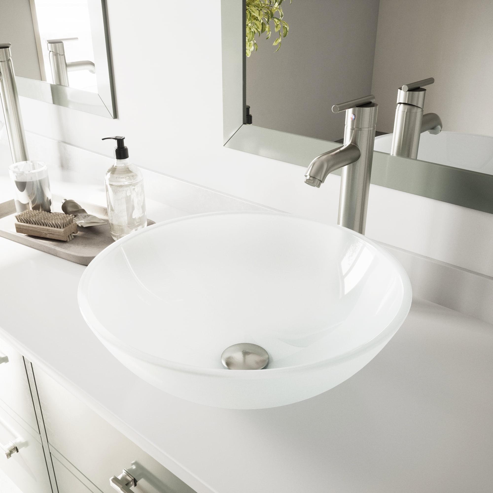 Frosted White Round Glass Vessel Sink with Brushed Nickel Faucet