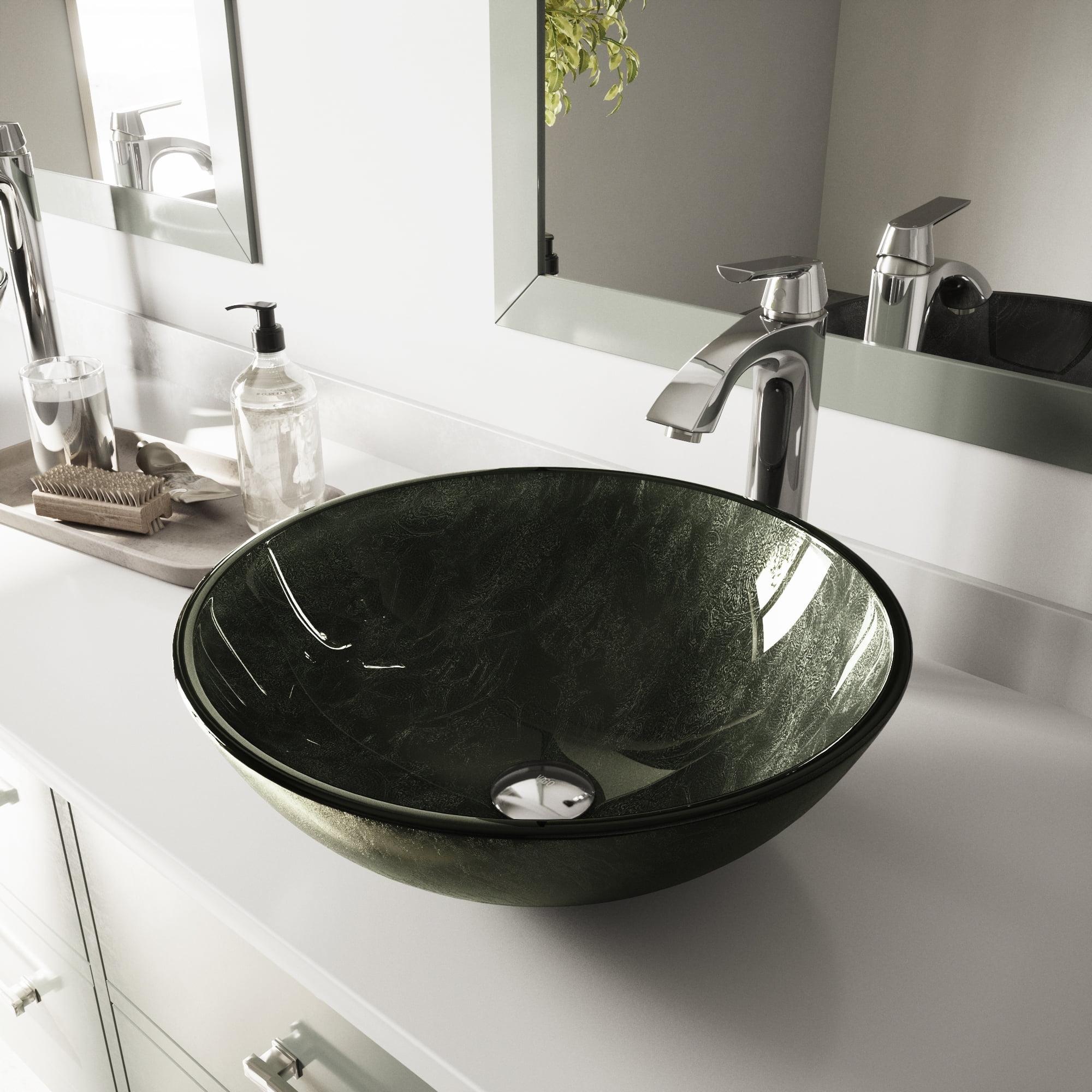 Gray Onyx Round Glass Vessel Sink with Chrome Faucet