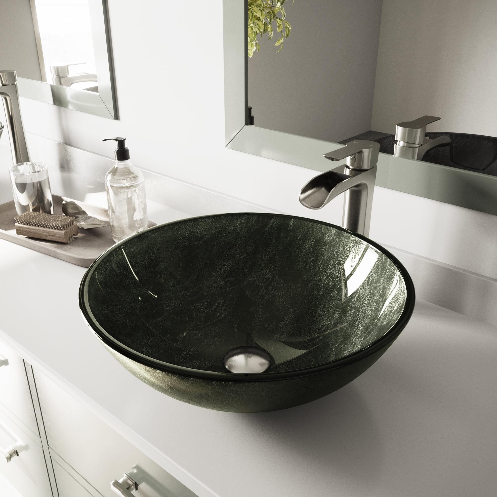 Gray Onyx Round Glass Vessel Sink with Brushed Nickel Faucet