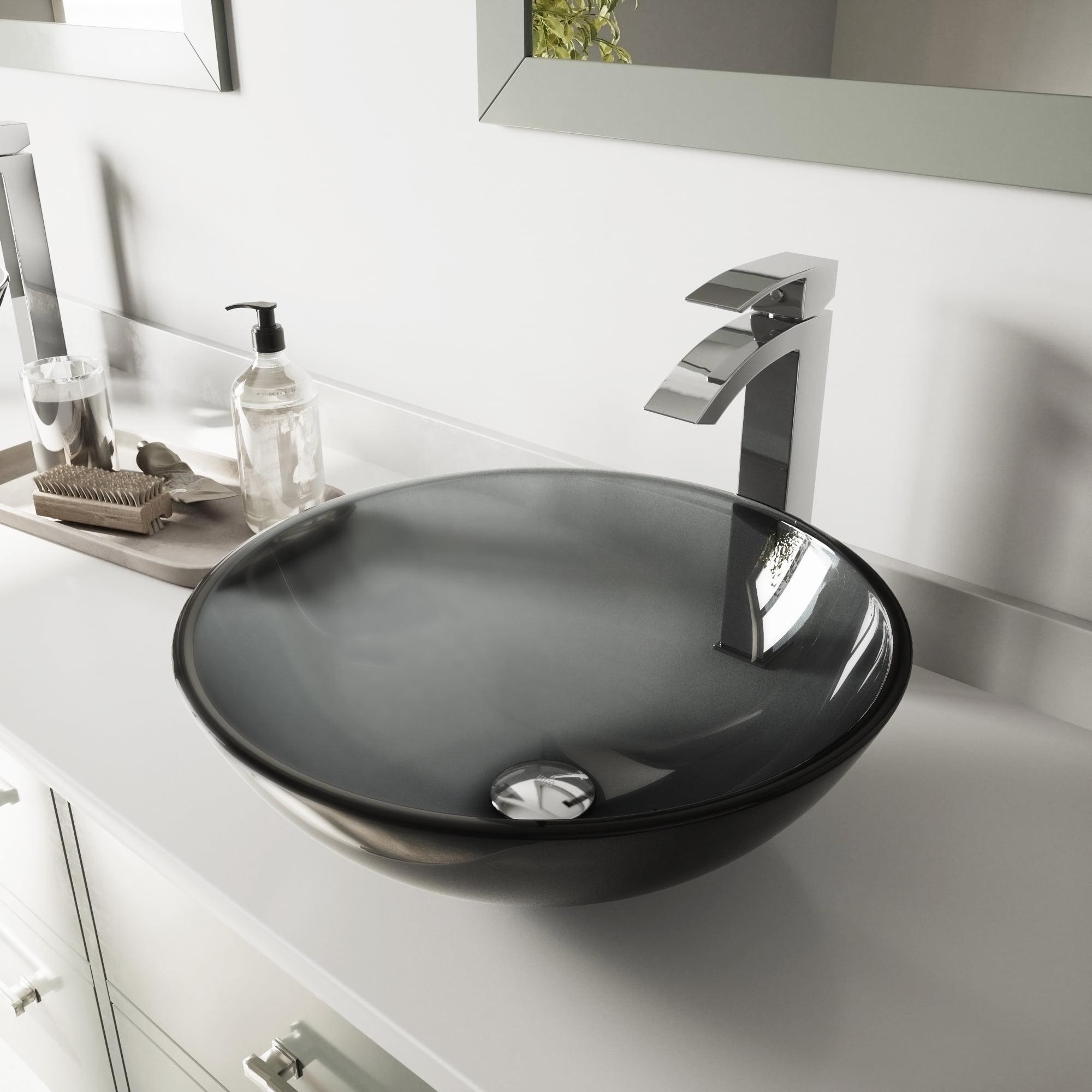 Sheer Black Glass Above-Counter Round Vessel Sink with Chrome Faucet