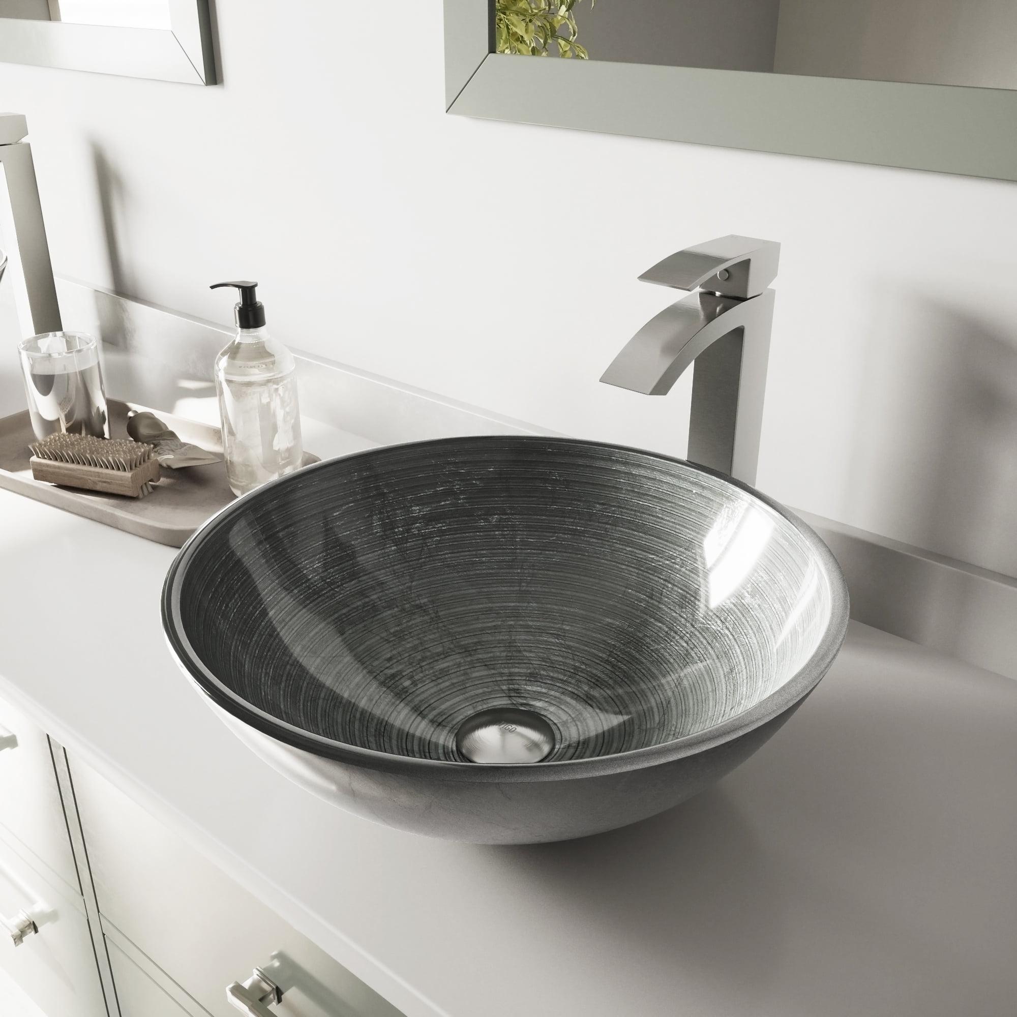 Simply Silver Round Glass Vessel Sink with Brushed Nickel Faucet