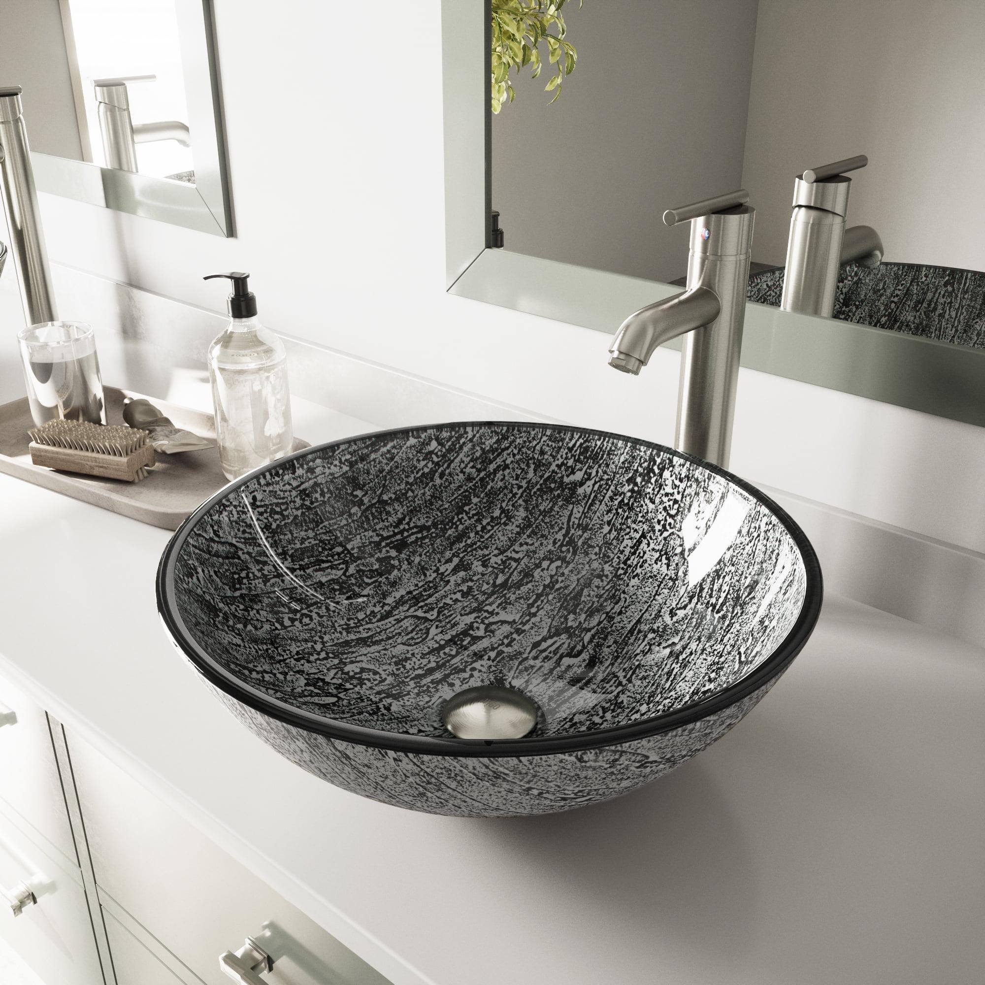 Slate Gray Round Glass Vessel Sink with Brushed Nickel Faucet