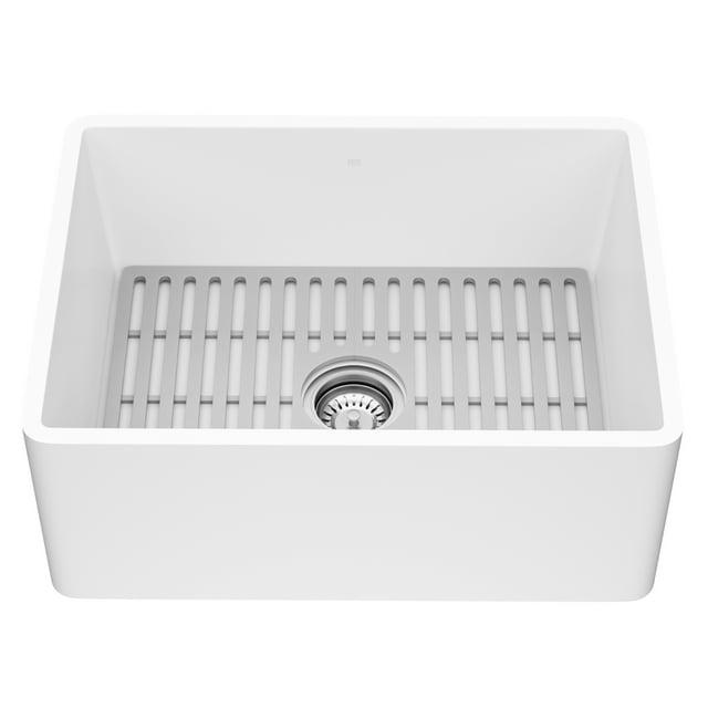 Matte Stone 24" L x 18" W Single Bowl Farmhouse Kitchen Sink with Basket Strainer and Silicone Grid