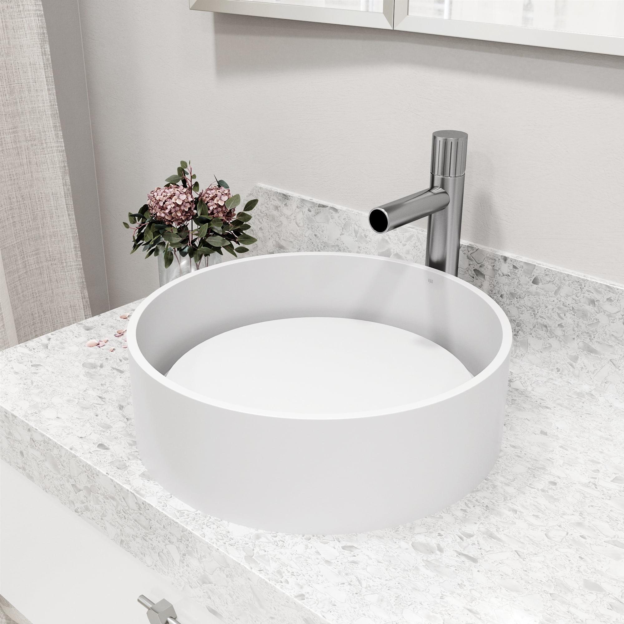 Serenity Stone 16" White Circular Above-Counter Vessel Sink with Brushed Nickel Faucet