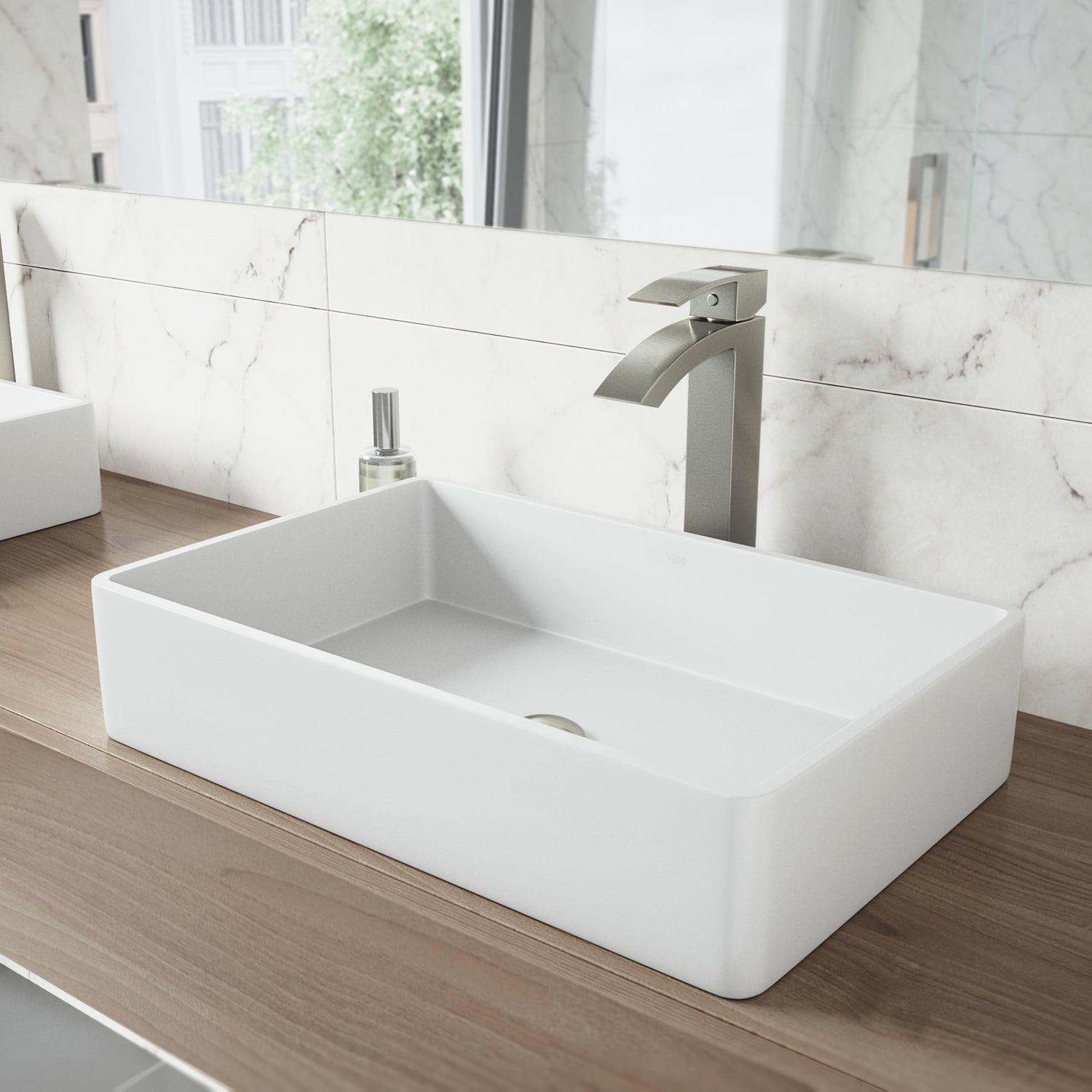 Magnolia 21" L x 14" W x 5" H Rectangular White Matte Stone Vessel Bathroom Sink with 12" H Faucet