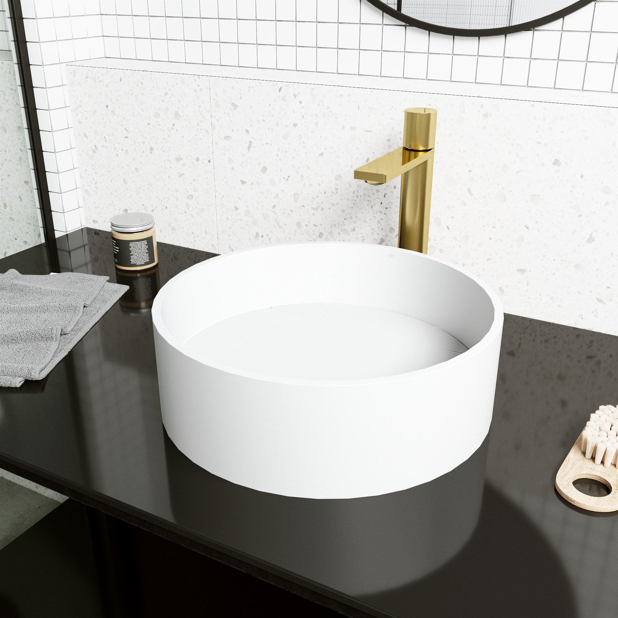 Montauk 15" L x 15" W x 5" H Round White Matte Stone™ Vessel Bathroom Sink with 12" H Faucet