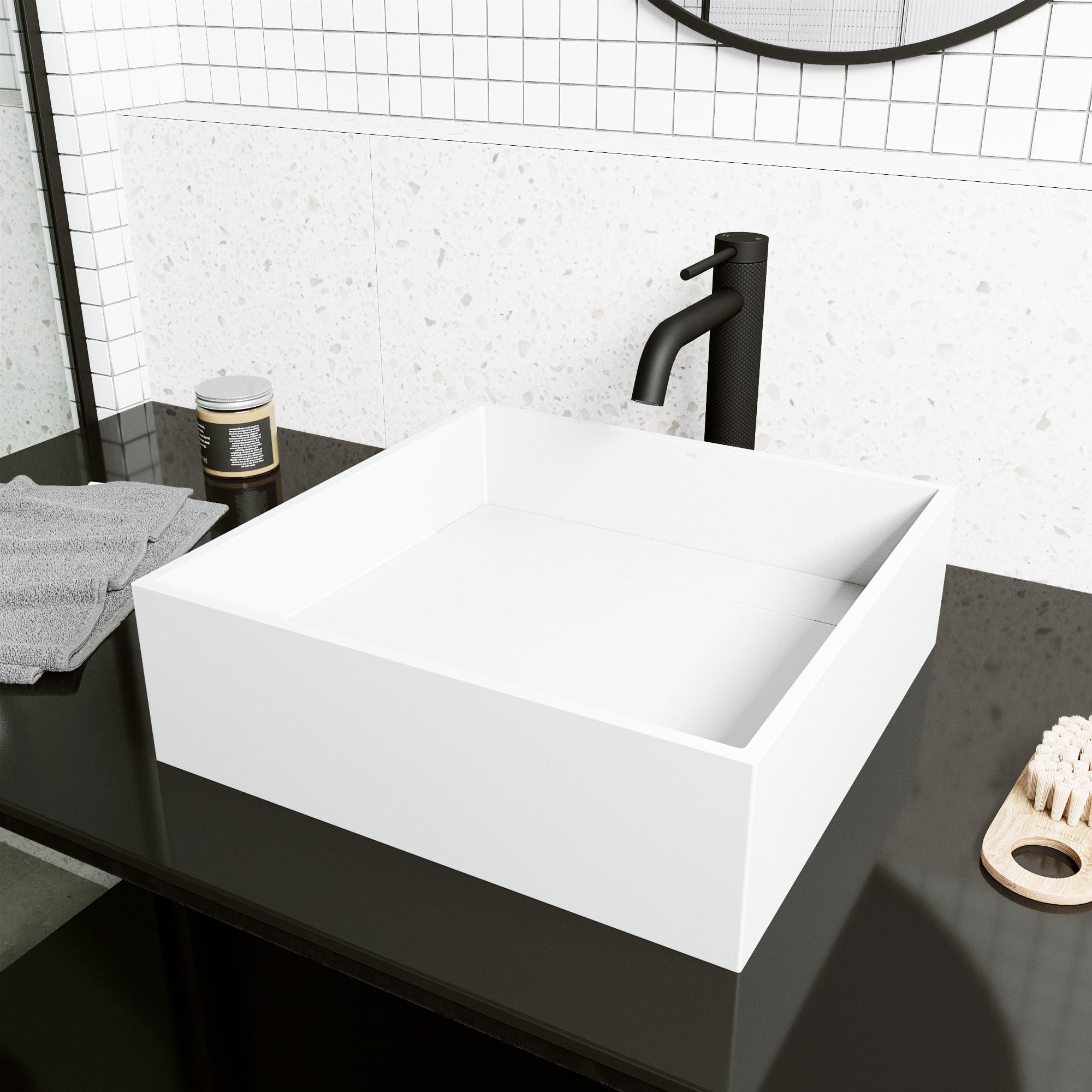 Montauk 15" L x 15" W x 5" H Square White Matte Stone™ Vessel Bathroom Sink with 10" H Faucet