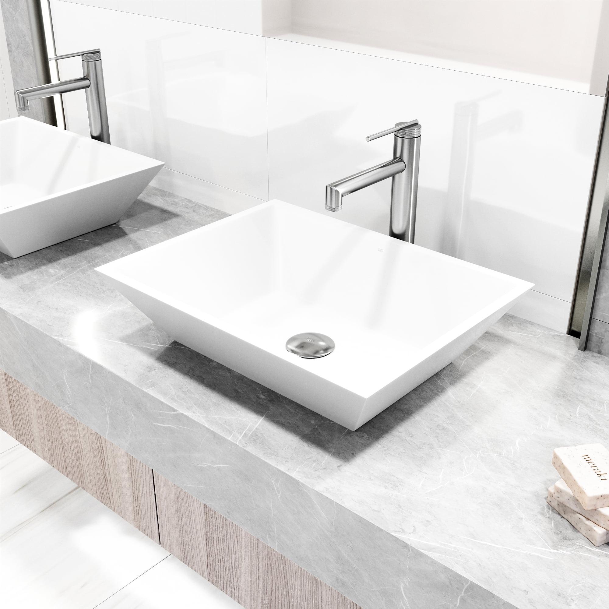 Vinca White Stone Rectangular Vessel Bathroom Sink with Faucet