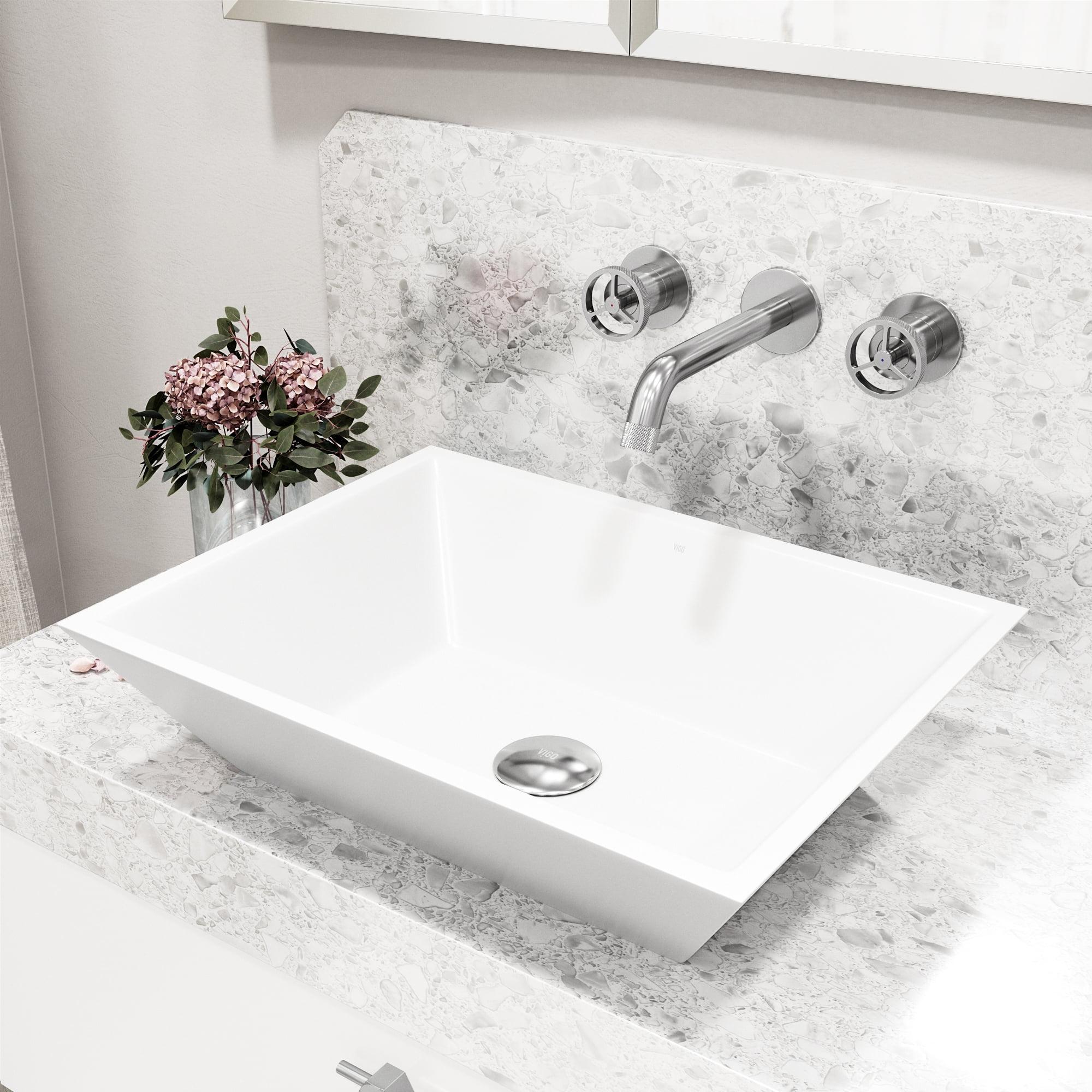 Sleek White Matte Stone 18" Rectangular Vessel Bathroom Sink Set