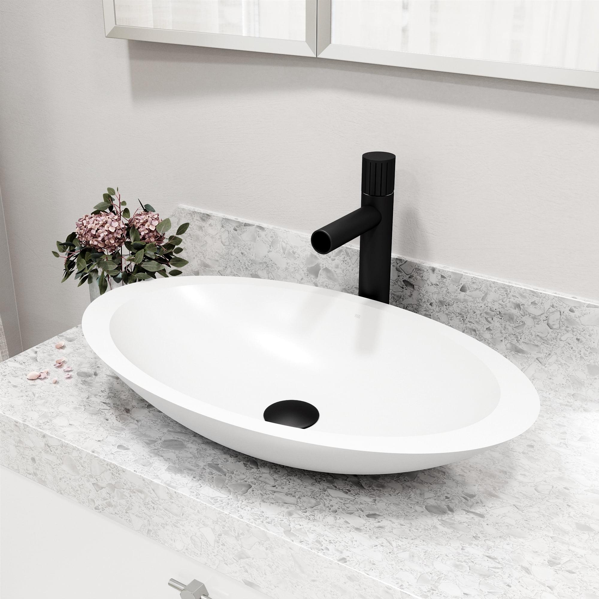 Wisteria Matte Black and White Stone Oval Vessel Bathroom Sink Set