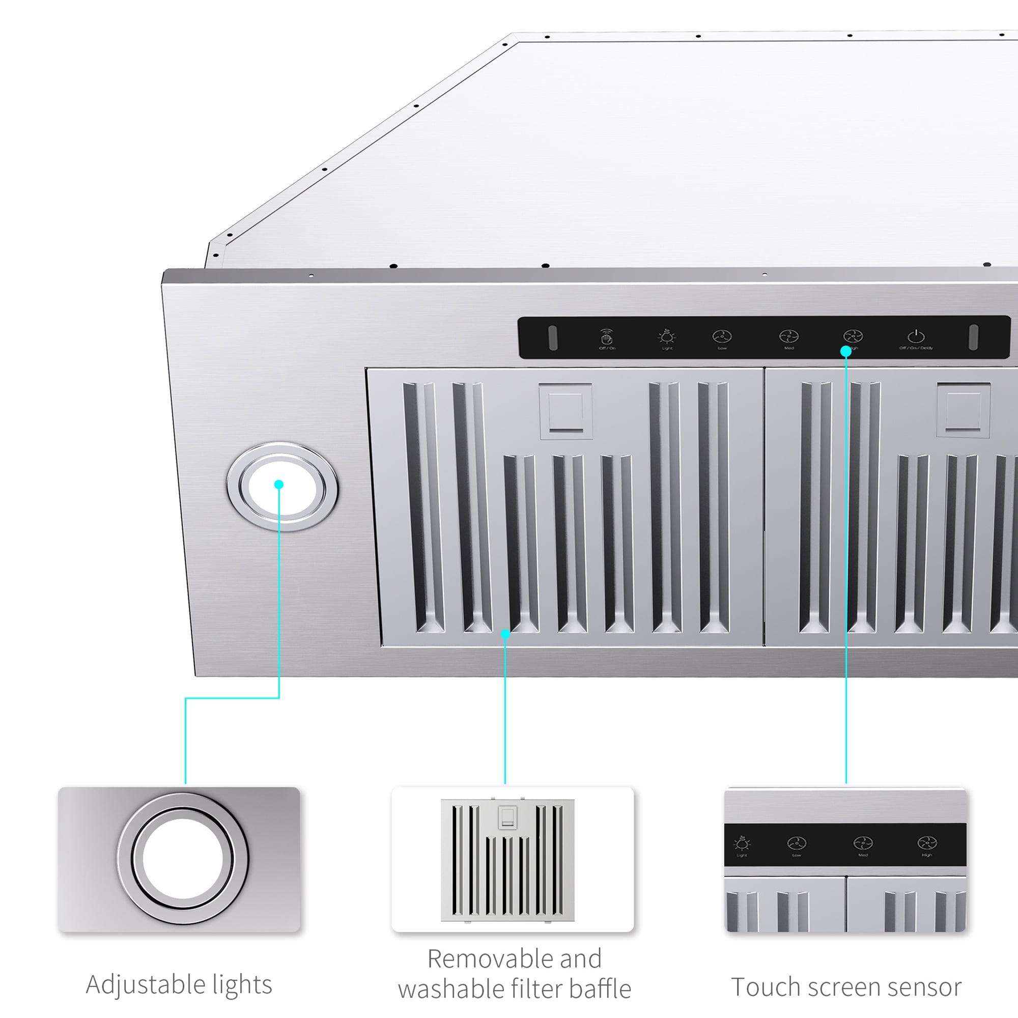 VIKIO 36 inch Built-in/Insert Range Hoods 900 CFM, Ducted/Ductless Convertible Duct, Stainless Steel Kitchen Vent Hood with 2 Pcs Adjustable Lights and 2 Pcs Baffle Filters with Handlebar