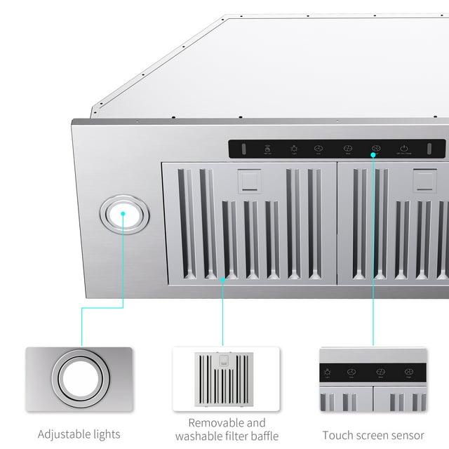 VIKIO 36 inch Built-in/Insert Range Hoods 900 CFM, Ducted/Ductless Convertible Duct, Stainless Steel Kitchen Vent Hood with 2 Pcs Adjustable Lights and 2 Pcs Baffle Filters with Handlebar