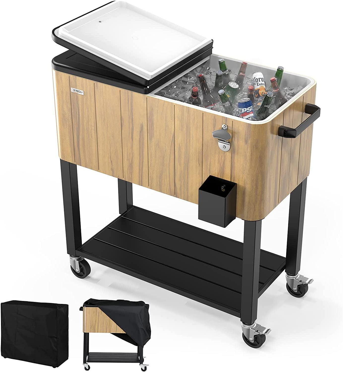 VINGLI 80 Quart Rolling Ice Chest on Wheels, Patio Cooler Cart with Waterproof Cooler Cart Cover, Beverage Rolling Cooler for Outdoor Patio Deck Party