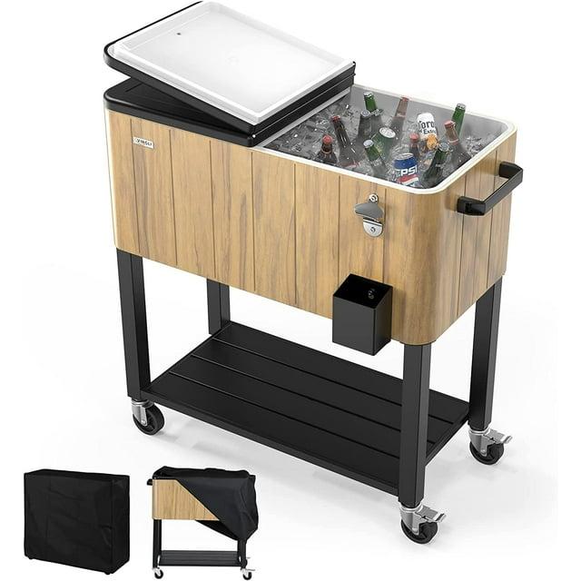VINGLI 80 Quart Rolling Ice Chest on Wheels, Patio Cooler Cart with Waterproof Cooler Cart Cover, Beverage Rolling Cooler for Outdoor Patio Deck Party