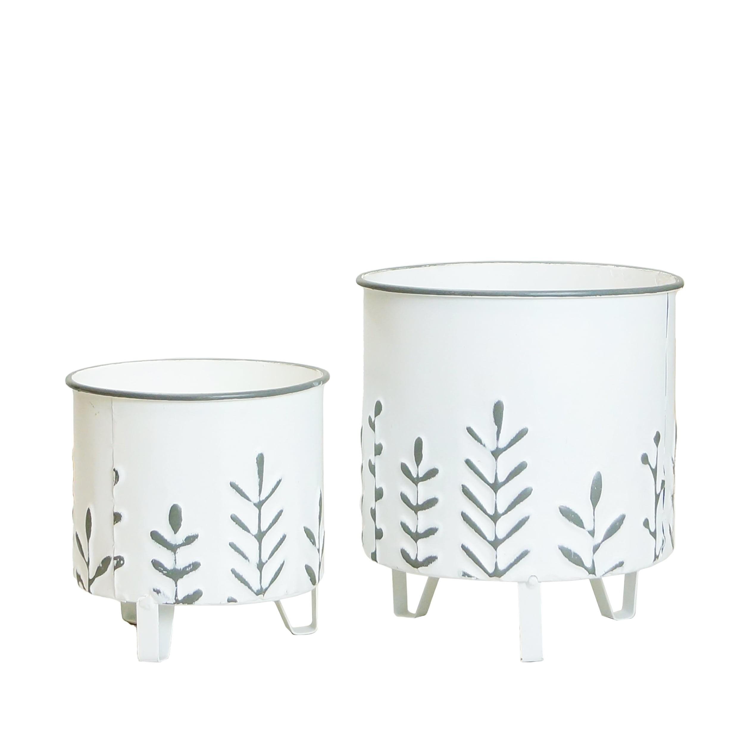 White and Gray Metal Embossed Floral Planter Set