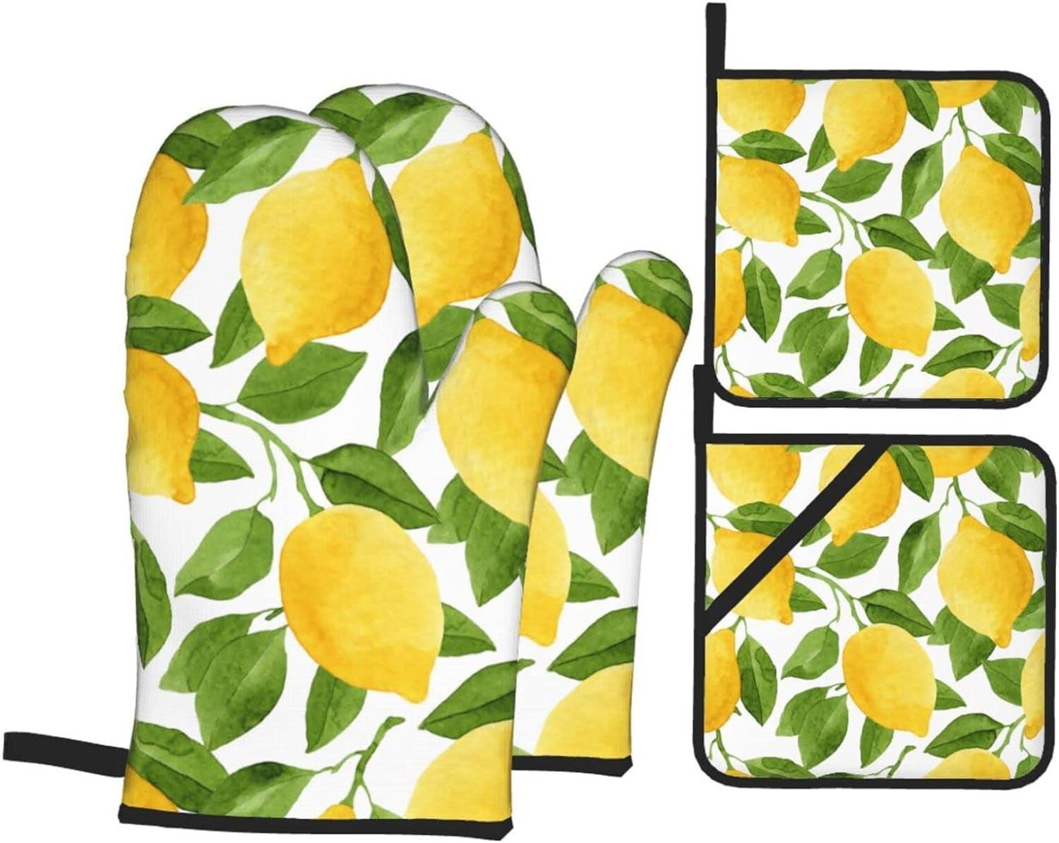 YFYANG Oven Mitts and Pot Holders Sets 4 Pieces, Non-Slip Heat Resistant Fruit Lemon Art Pattern Kitchen Glove Pot Mat for Cooking and Baking