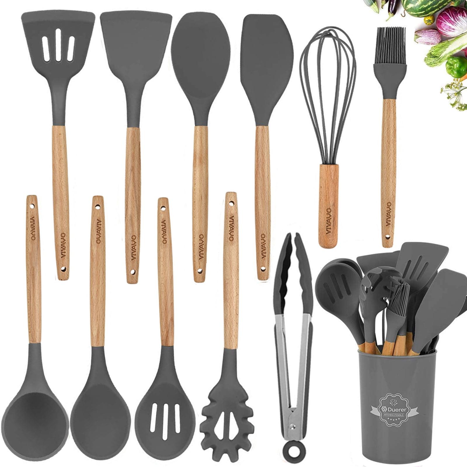 VIVAYO Silicone Cooking Utensil Kitchen Utensils Set, 12 Pieces Silicone Kitchen Utensil Wooden Handles, Kitchen Spatula Sets with Holder Spoon Turner Tongs, Gray