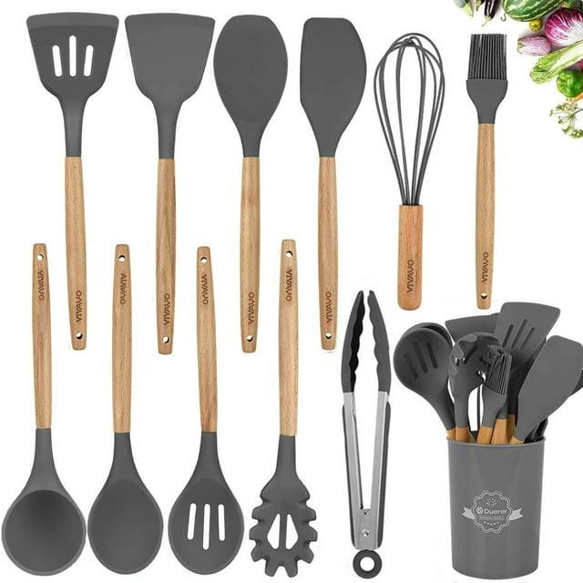 VIVAYO Silicone Cooking Utensil Kitchen Utensils Set, 12 Pieces Silicone Kitchen Utensil Wooden Handles, Kitchen Spatula Sets with Holder Spoon Turner Tongs, Gray