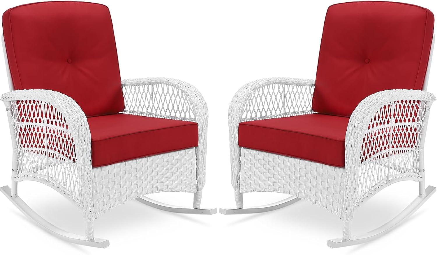 Beachcrest Home™ Beachcrest Home Outdoor Wicker Rocking Chairs Set Of 2, Rattan Patio Rocker Chairs With Thick Cushions And High Back, All-Weather Patio Wicker Chair With Safe Rocking Design For Garden, White Wicker
