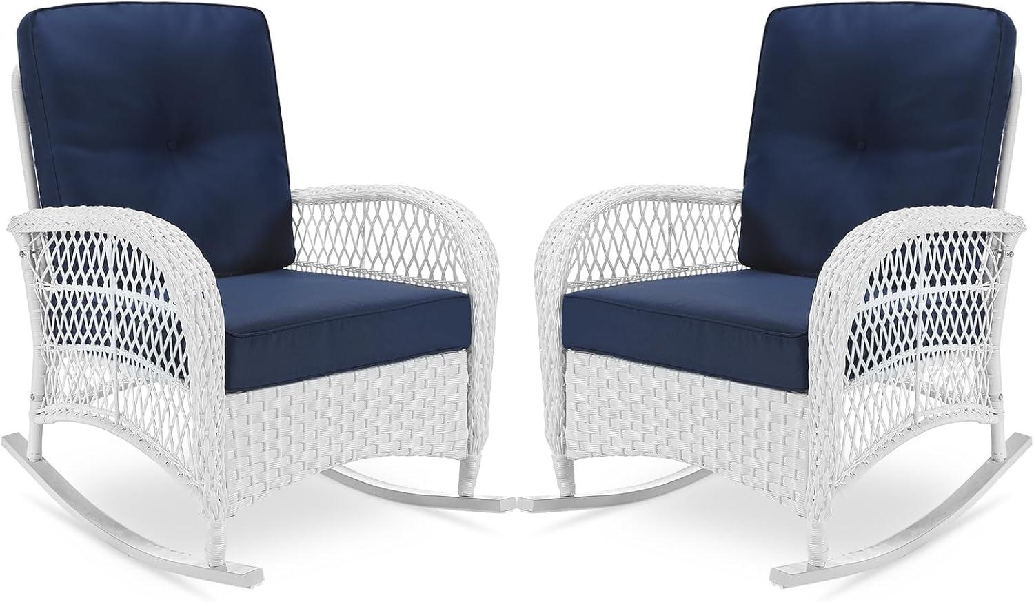 Beachcrest Home™ Beachcrest Home Outdoor Wicker Rocking Chairs Set Of 2, Rattan Patio Rocker Chairs With Thick Cushions And High Back, All-Weather Patio Wicker Chair With Safe Rocking Design For Garden, White Wicker