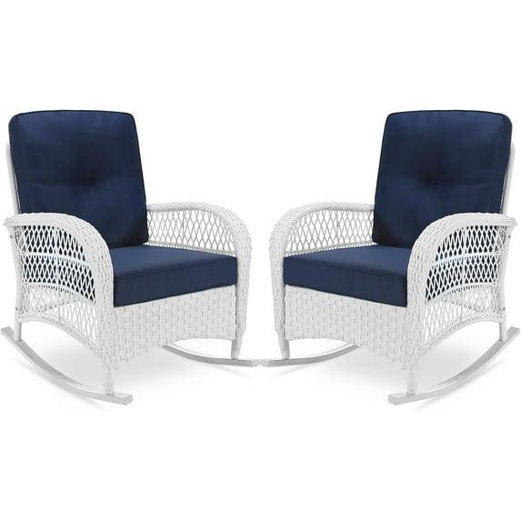 Beachcrest Home™ Beachcrest Home Outdoor Wicker Rocking Chairs Set Of 2, Rattan Patio Rocker Chairs With Thick Cushions And High Back, All-Weather Patio Wicker Chair With Safe Rocking Design For Garden, White Wicker