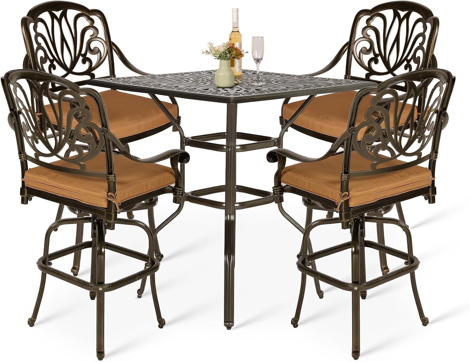 Bloomsbury Market Bloomsbury Market 5-piece Bar Height Patio Dining Set, All Weather Cast Aluminum Outdoor Table And Chairs Set With 4 Swivel Bar Stools, Cushions & 35.38" High Bar Table W/umbrella Hole For Deck, Lawn, Garden