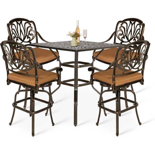 Bloomsbury Market Bloomsbury Market 5-piece Bar Height Patio Dining Set, All Weather Cast Aluminum Outdoor Table And Chairs Set With 4 Swivel Bar Stools, Cushions & 35.38" High Bar Table W/umbrella Hole For Deck, Lawn, Garden