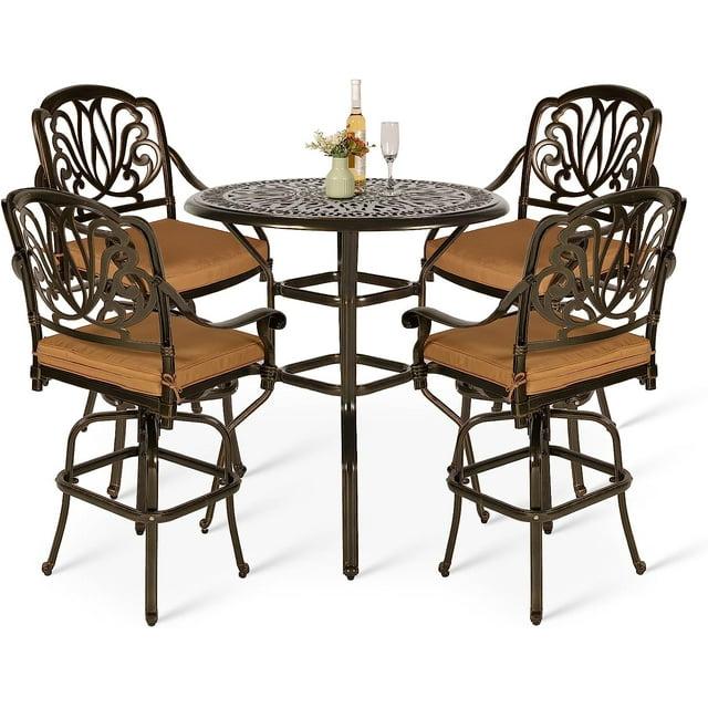Bloomsbury Market Bloomsbury Market 5-piece Bar Height Patio Dining Set, All Weather Cast Aluminum Outdoor Table And Chairs Set With 4 Swivel Bar Stools, Cushions & 35.38" High Bar Table W/umbrella Hole For Deck, Lawn, Garden