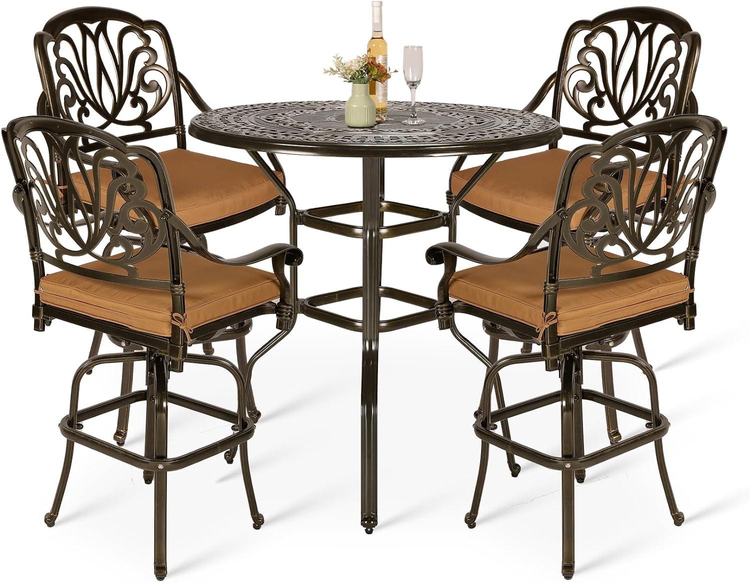 Bloomsbury Market Bloomsbury Market 5-piece Bar Height Patio Dining Set, All Weather Cast Aluminum Outdoor Table And Chairs Set With 4 Swivel Bar Stools, Cushions & 35.38" High Bar Table W/umbrella Hole For Deck, Lawn, Garden