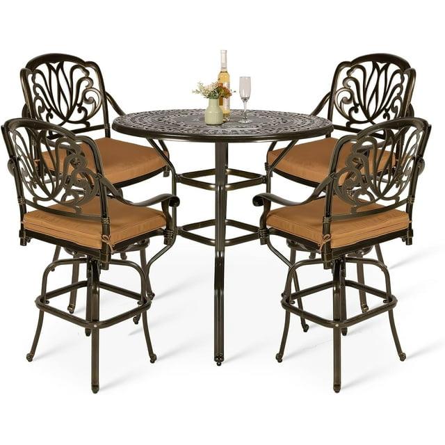 Bloomsbury Market Bloomsbury Market 5-piece Bar Height Patio Dining Set, All Weather Cast Aluminum Outdoor Table And Chairs Set With 4 Swivel Bar Stools, Cushions & 35.38" High Bar Table W/umbrella Hole For Deck, Lawn, Garden