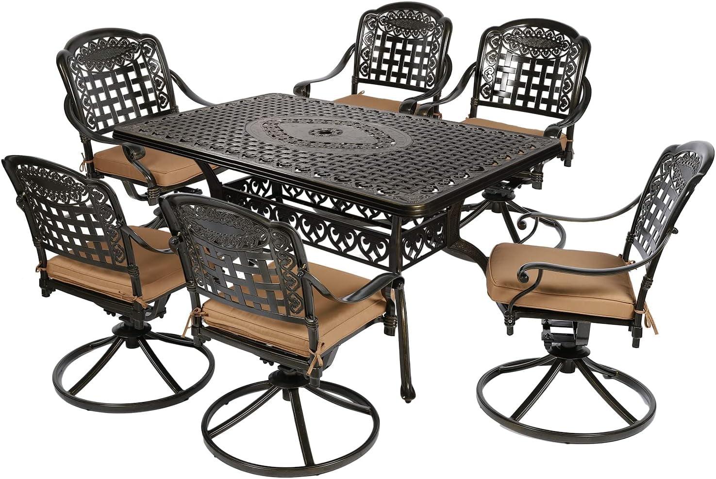 Wildon Home® Wildon Home® 7-piece Outdoor Furniture Dining Set, All-weather Cast Aluminum Patio Conversation Set, Include 6 Swivel Dining Chairs And A Rectangle Table With Umbrella Hole, khaki/green Cushion