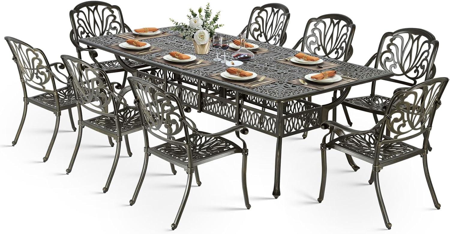 9-Piece Outdoor Patio Dining Set For 8, All Weather Cast Aluminum Patio Funiture Table And Chairs Set- 94.5" Rectangular Table And 8 Chairs For Garden, 2" Umbrella Hole