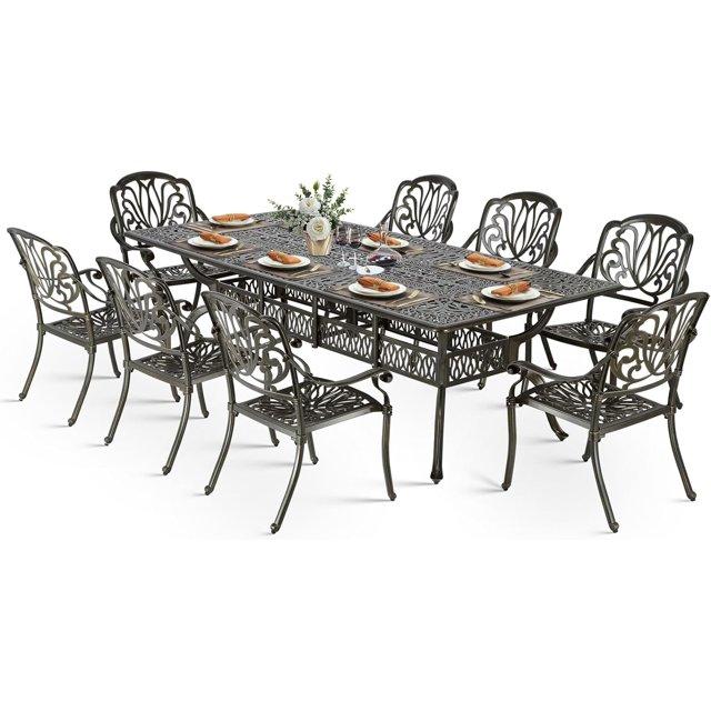 9-Piece Outdoor Patio Dining Set For 8, All Weather Cast Aluminum Patio Funiture Table And Chairs Set- 94.5" Rectangular Table And 8 Chairs For Garden, 2" Umbrella Hole
