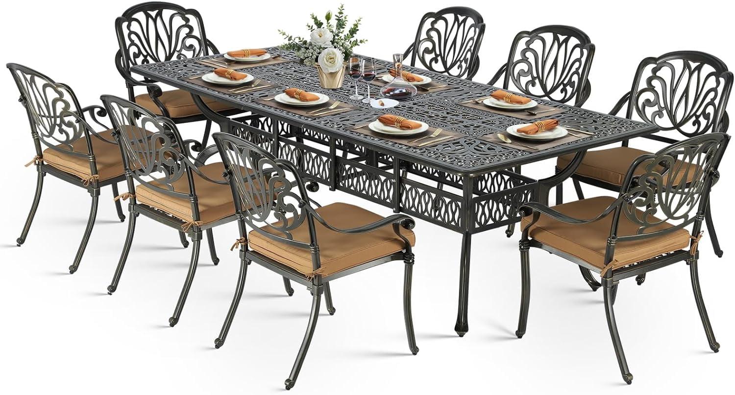 9-Piece Outdoor Patio Dining Set For 8, All Weather Cast Aluminum Patio Funiture Table And Chairs Set- 94.5" Rectangular Table And 8 Chairs For Garden, 2" Umbrella Hole