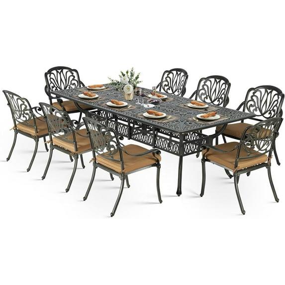 9-Piece Outdoor Patio Dining Set For 8, All Weather Cast Aluminum Patio Funiture Table And Chairs Set- 94.5" Rectangular Table And 8 Chairs For Garden, 2" Umbrella Hole