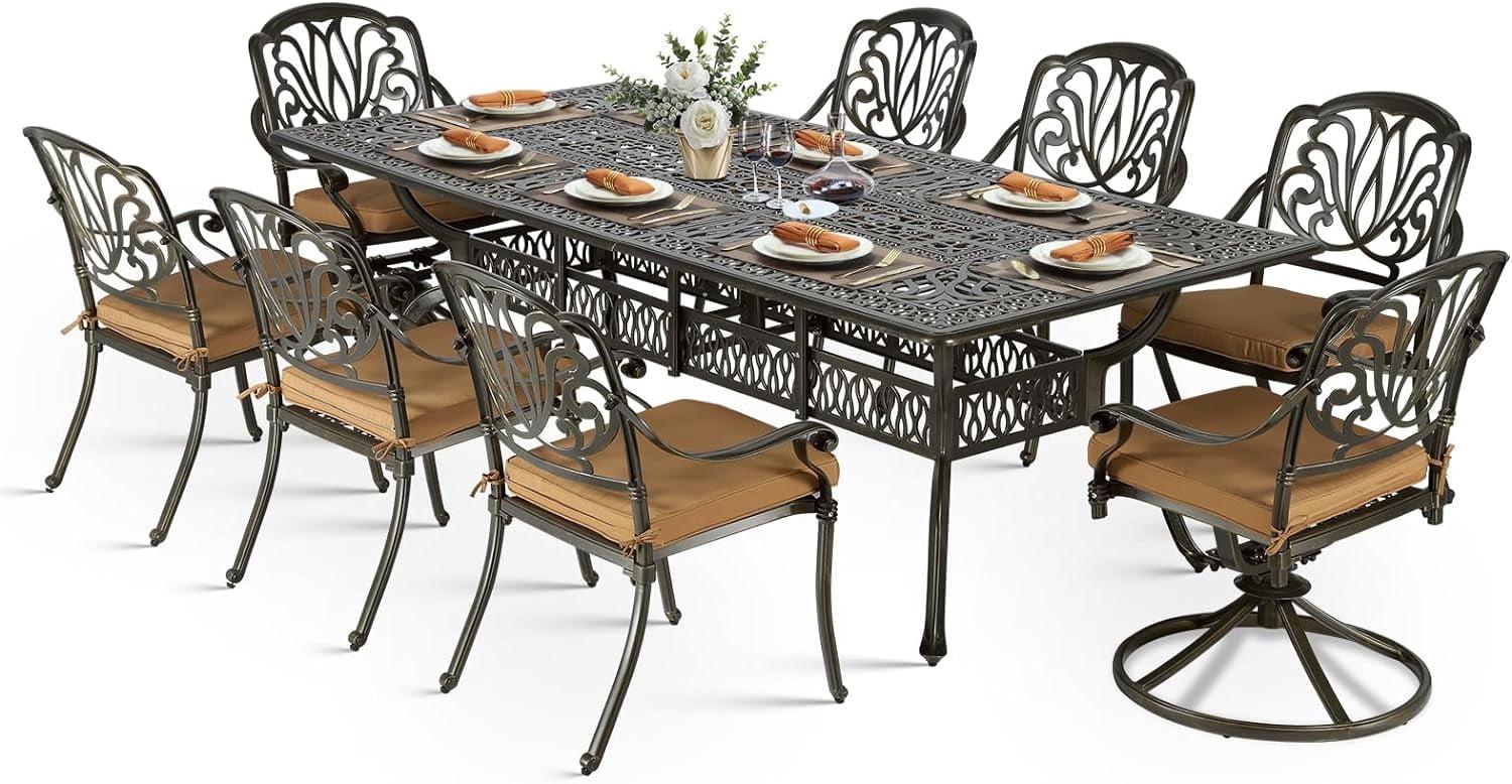 9-Piece Outdoor Patio Dining Set For 8, All Weather Cast Aluminum Patio Funiture Table And Chairs Set- 94.5" Rectangular Table And 8 Chairs For Garden, 2" Umbrella Hole