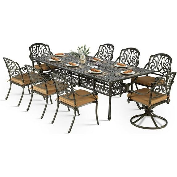 9-Piece Outdoor Patio Dining Set For 8, All Weather Cast Aluminum Patio Funiture Table And Chairs Set- 94.5" Rectangular Table And 8 Chairs For Garden, 2" Umbrella Hole