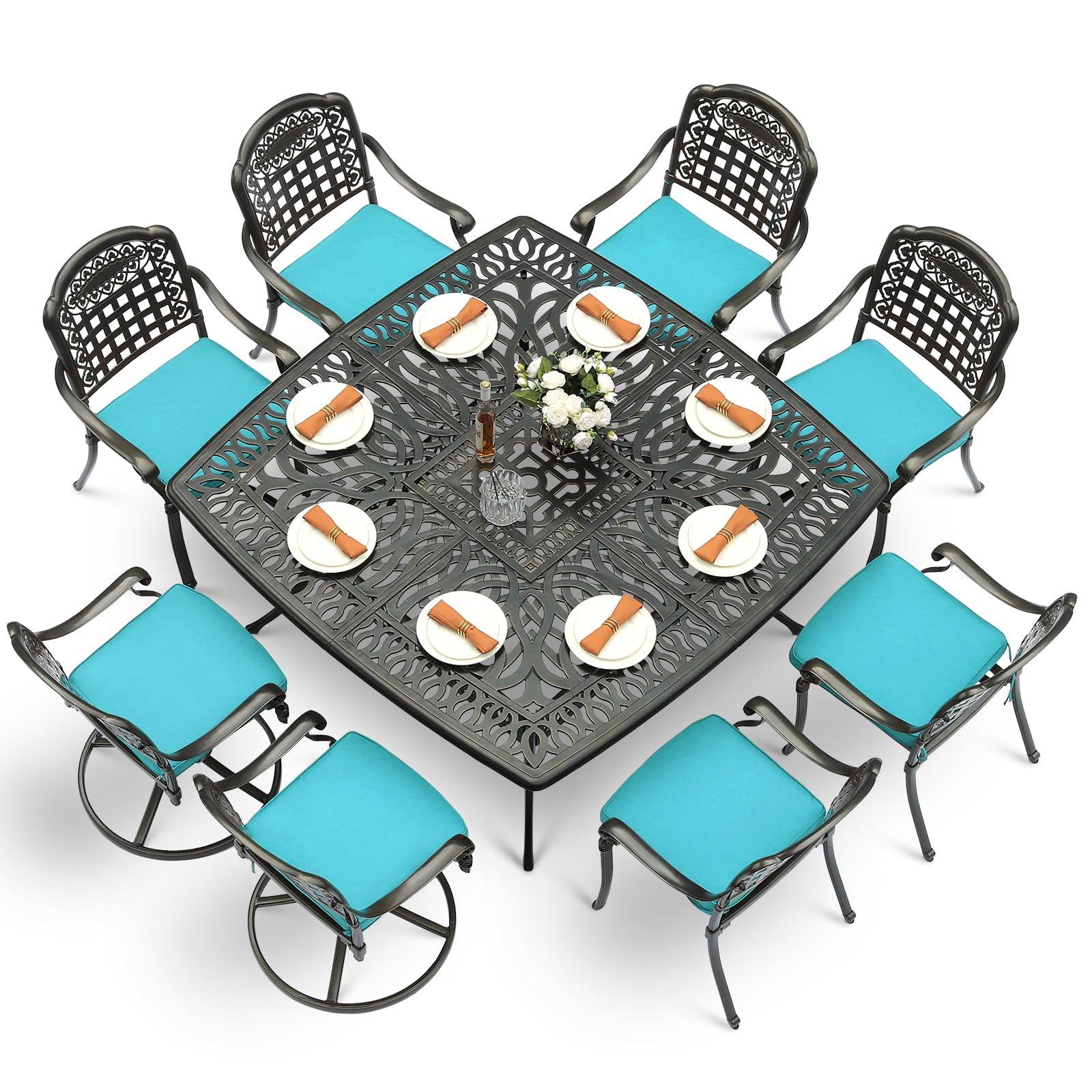 9-Piece Outdoor Patio Dining Set For 8, All Weather Cast Aluminum Patio Funiture Table And Chairs Set- Large 64" Square Table And 2 Swivel Rocker Chairs, 6 Stationary Chairs For Garden