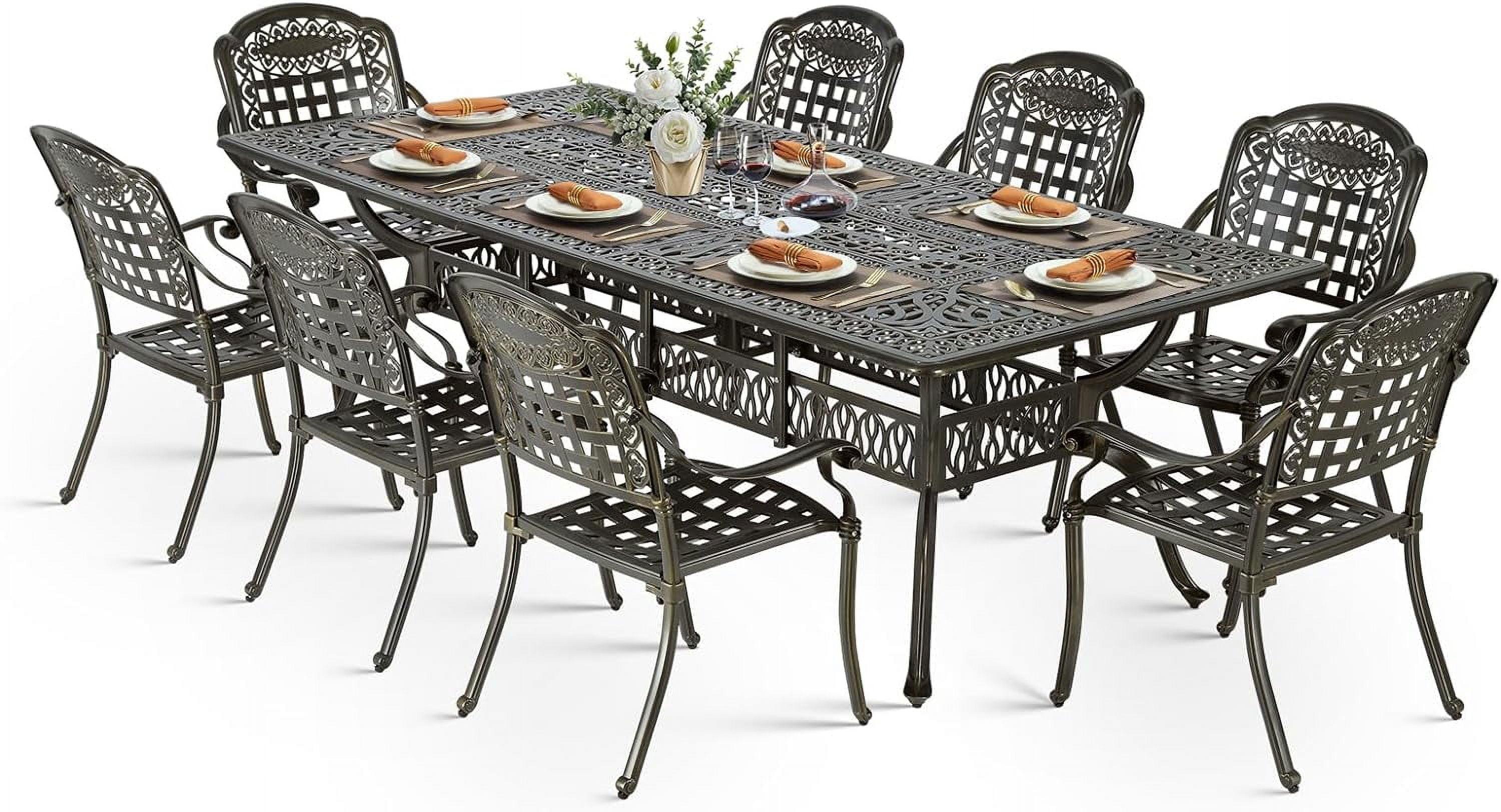 9-Piece Outdoor Patio Dining Set For 8, All Weather Cast Aluminum Patio Funiture Table And Chairs Set- 94.5" Rectangular Table And 8 Chairs For Garden, 2" Umbrella Hole