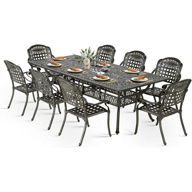 9-Piece Outdoor Patio Dining Set For 8, All Weather Cast Aluminum Patio Funiture Table And Chairs Set- 94.5" Rectangular Table And 8 Chairs For Garden, 2" Umbrella Hole