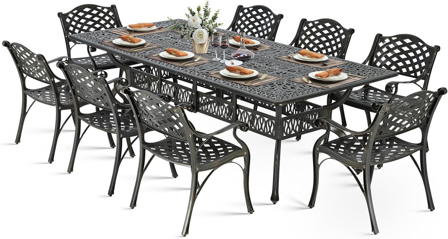 MEETWARM 9-Piece Outdoor Furniture Dining Set, All Weather Cast Aluminum Patio Garden Set with 8 Chairs,1 Oval Table, 2.2" Umbrella Hole, Dark Bronze