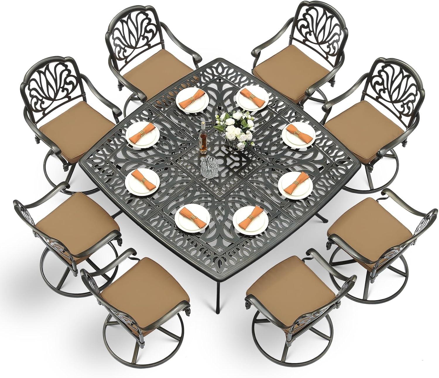 9-Piece Outdoor Patio Dining Set For 8, All Weather Cast Aluminum Patio Funiture Table And Chairs Set- Large 64" Square Table And 2 Swivel Rocker Chairs, 6 Stationary Chairs, 2.2" Umbrella Hole