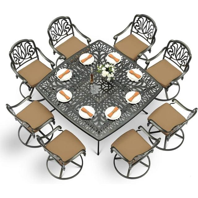 9-Piece Outdoor Patio Dining Set For 8, All Weather Cast Aluminum Patio Funiture Table And Chairs Set- Large 64" Square Table And 2 Swivel Rocker Chairs, 6 Stationary Chairs, 2.2" Umbrella Hole